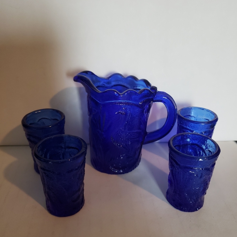 Mini Cobalt Blue Pitcher & 4 Glasses with Embossed Peacock Motif